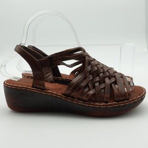 Aerology by Aerosoles Women Size 7.5 Sandal Brown Leather Strappy Wedge Heel